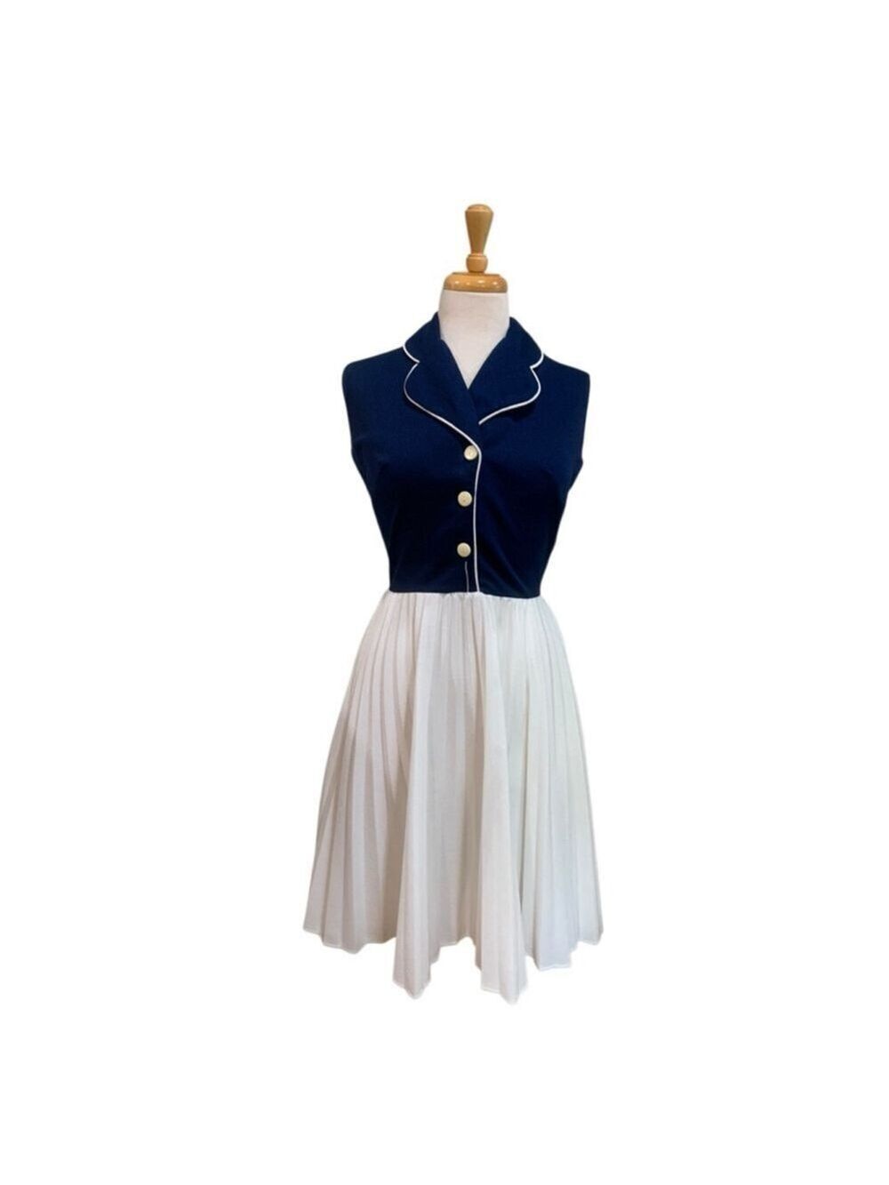 Vntg 70’s Women's sleeveless Navy & White pleated skirt Midi Dress Size 10
